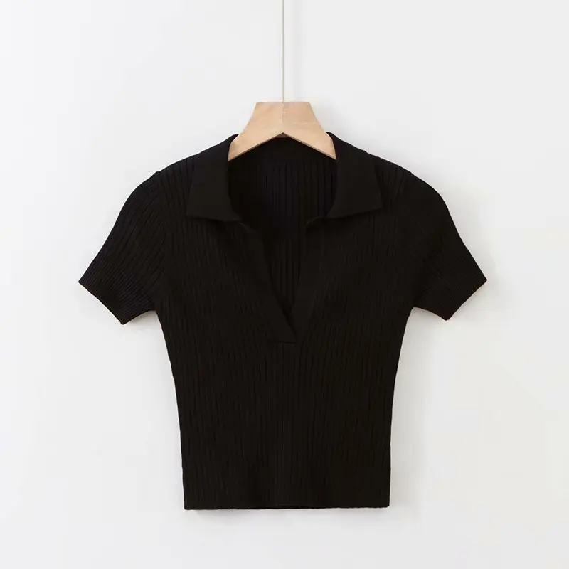Летняя женская Однотонная рубашка женская футболка Осенняя футболка с коротким рукавом винтажный обрезанный рубашки поло mujer уличная Корейская одежда - Цвет: Черный