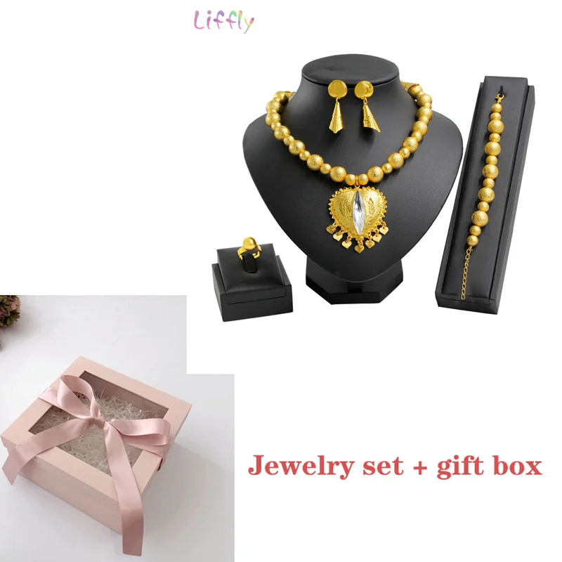 set 1 and box Модный комплект украшений в африканском стиле, длинное ожерелье с кристаллами для женщин, серьги, горячая распродажа, свадебный браслет, золотые ювелирные наборы - Окраска металла: set 1 and box