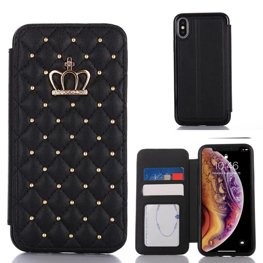 Чехол LAPOPNUT Bling для Iphone 11 Pro X 7 Xr Xs Max 8 Plus Apple 6 6s Imperial Wallet Crown кожаный откидной складной чехол с бриллиантами - Цвет: black