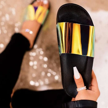 

2020 Summer Ladies Slippers Woman Squined PU Flats Women Slides Fashion Female Casual Bling Beach Women's Footwear Plus Size