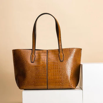

Women's Crocodile Pattern Bucket Shoulder Bag Women's Classic Tote Big Capacity Genuine Leather Handbags for Women