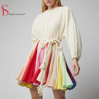 

Fashion Twist Bandage Round Neck Printed Long Sleeve Multicolor Umbrella Dress Women Streetwear Party Beach Dresses with Belt