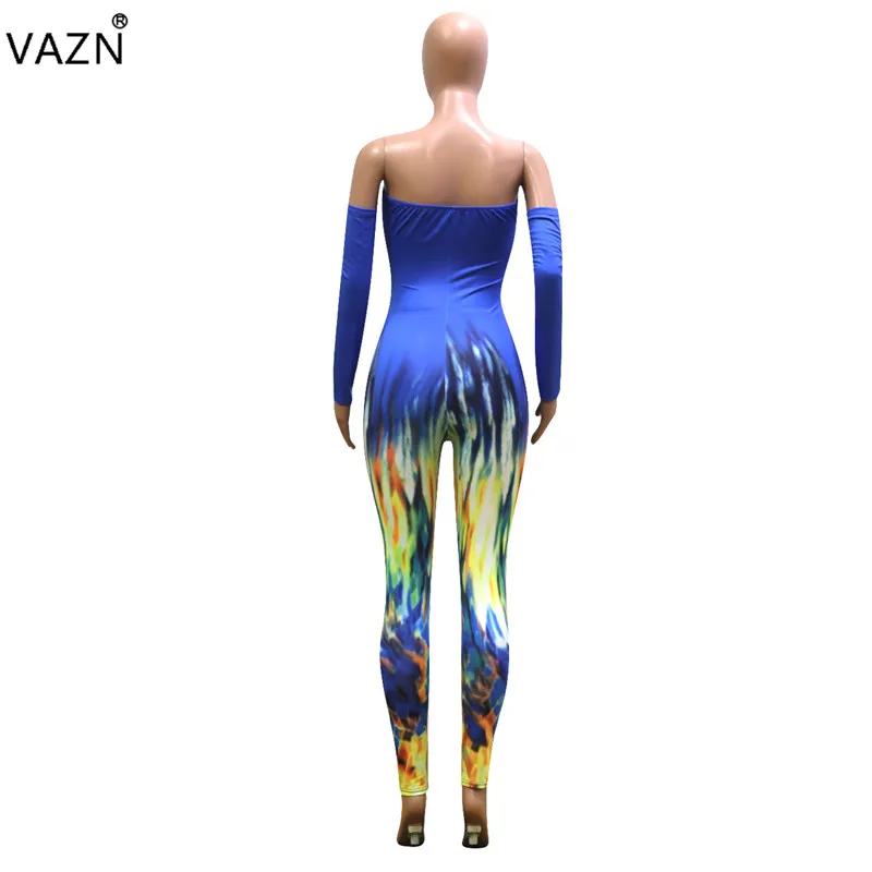 VAZN NK035 Новые Комбинезоны Открытые Сексуальные вечерние модные однотонные без бретелек с длинным рукавом Женская бандажная повязка Длинный эластичный карандаш комбинезон
