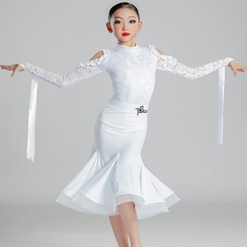 

Kids Ballroom Dance Competition Dresses For Girls Lace Sleeves Tops Long Skirts Latin Split Suit Latin Dance Clothes SL6033