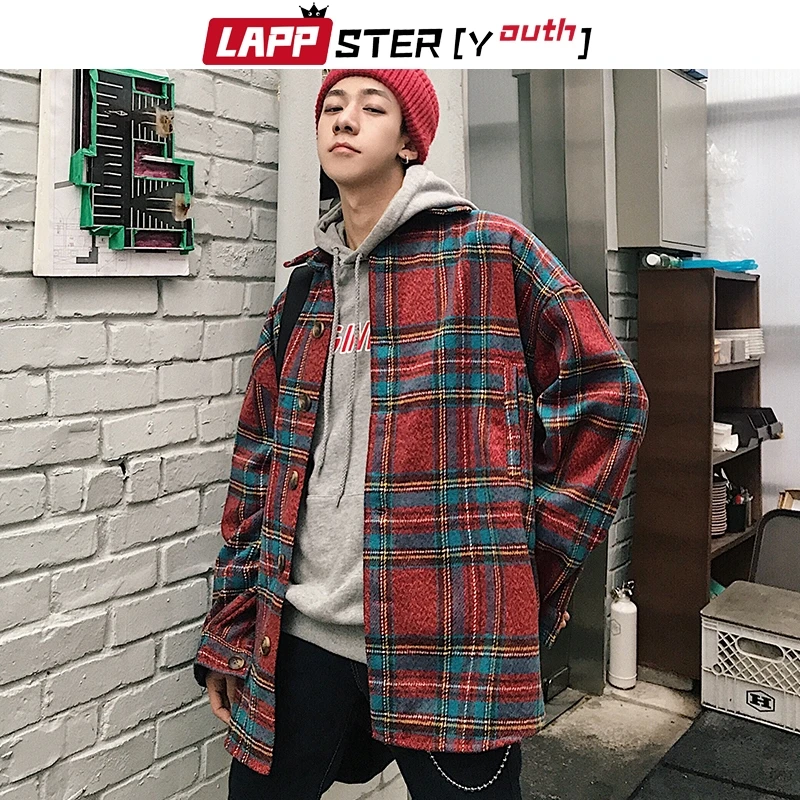 LAPPSTER-Youth мужские уличные Клетчатые Шерстяные Пальто Harajuku винтажные корейские стильные куртки пальто мужские s хип хоп куртки ветровки