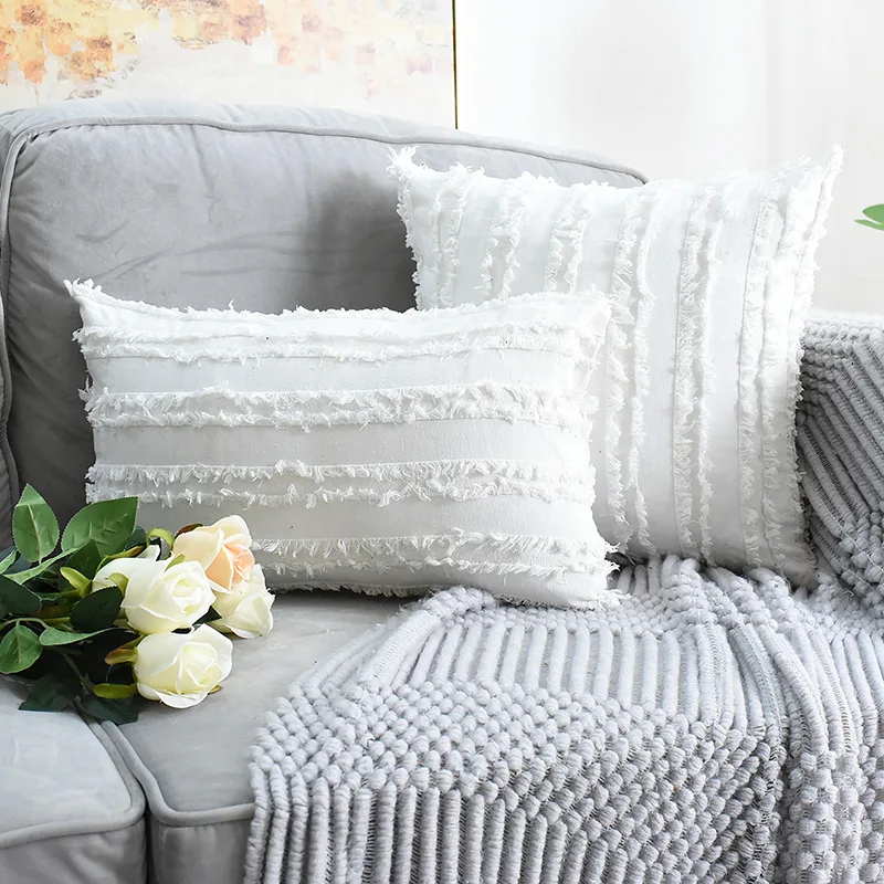 White set of 2 Набор из 2 хлопковых и льняных чехлов, чехол для подушки в цветочек с кисточками, квадратный чехол для подушки, горчичный цвет, цвет слоновой кости, серый, хлопковая наволочка для дивана, кровати, дома - Цвет: White set of 2