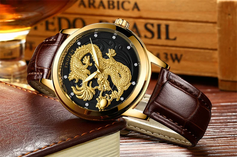 New Golden Mens Watches Top Brand Luxury Chinese Dragon Quartz Watch Business Stainless Steel Clock Male Relogio Masculino S666