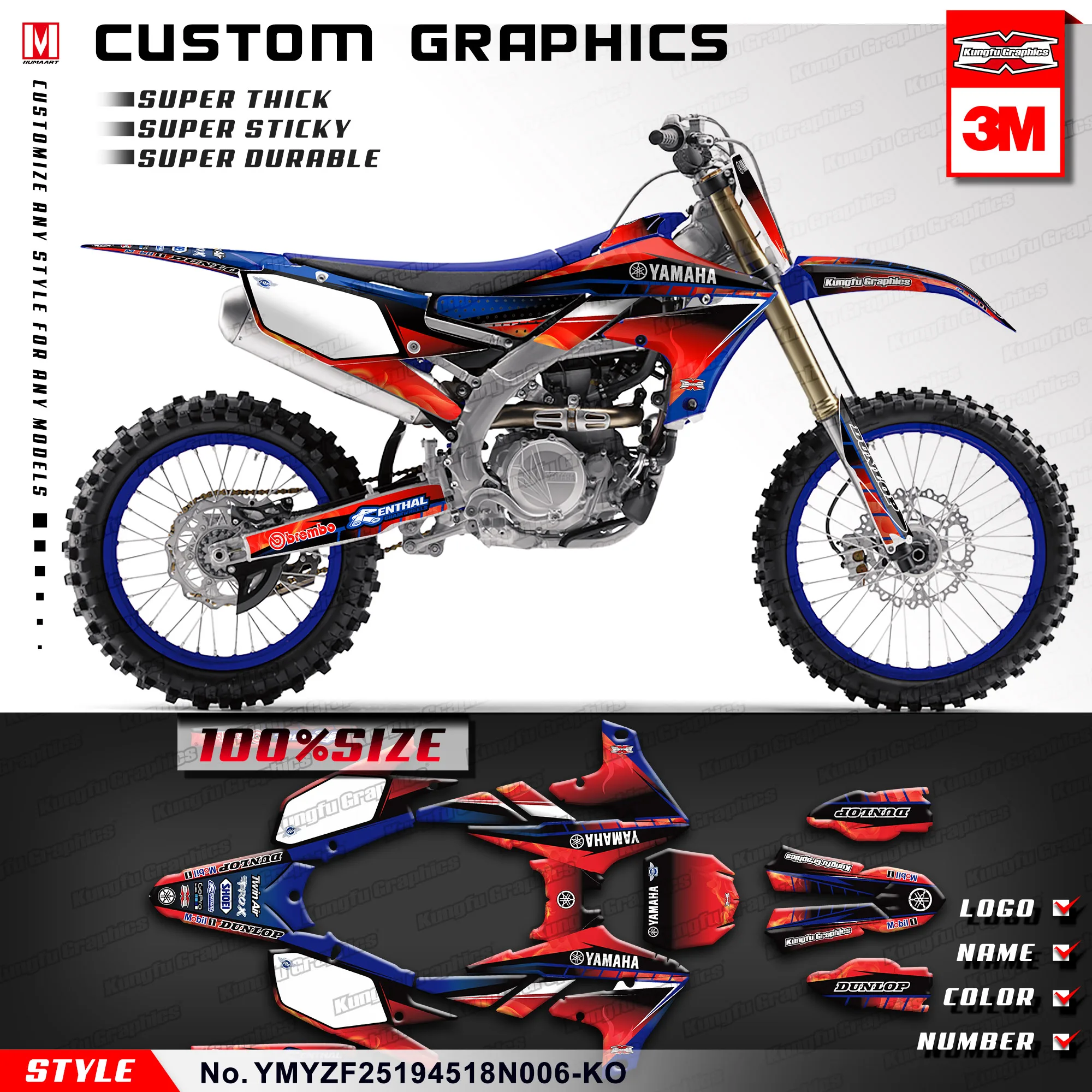 KUNGFU графика виниловые наклейки на заказ обертывание для Yamaha YZ450F YZ250F YZF450 YZF250(Стиль № YMYZF25194518N006-KO