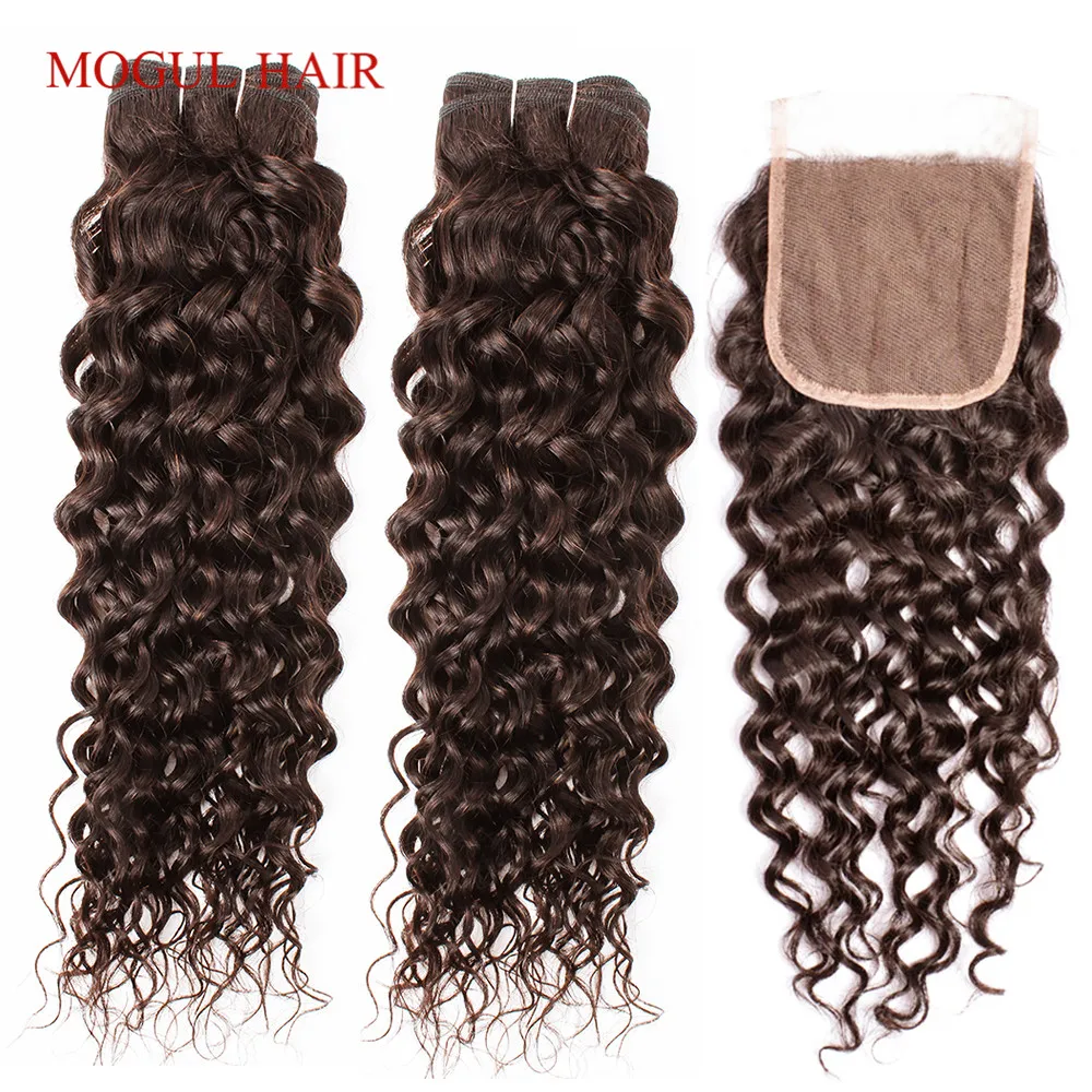 

MOGUL HAIR Dark Brown Color 2 Peruvian Water Wave Bundles With Closure Free Middle Part 2/3 Pcs Non Remy Human Hair Weave