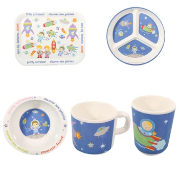 

High Quality Baby Plates 5 Piece Kids Bamboo Dinnerware Cute Cartoon Pattern Non Slip Dinner Plates Dishes Bowls Water Cup B