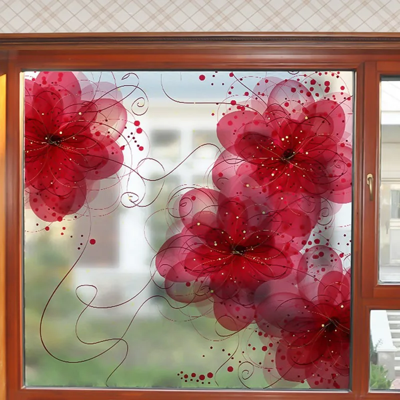 Plant Flowers Removable Light Opaque PVC Frosted Window Sliding Door Bathroom With Glue Glass Film Room Decoration Stickers