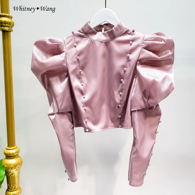 WHITNEY WANG, блузки,, Весенняя мода, уличная одежда, с пышными рукавами, Meatallic, блузка для женщин, Blusas, Офисная Женская рубашка, топы - Цвет: Розовый