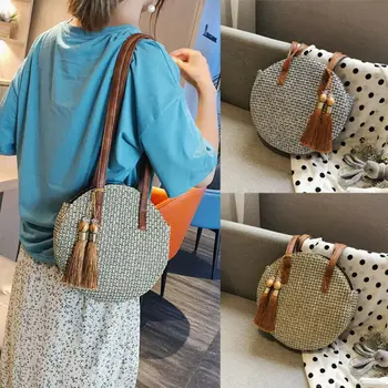 

Meihuida Fashion Trend Women Girl Summer New Beach Holiday Round Straw Bag Rattan Handmade Woven Crossbody Circle Handbag