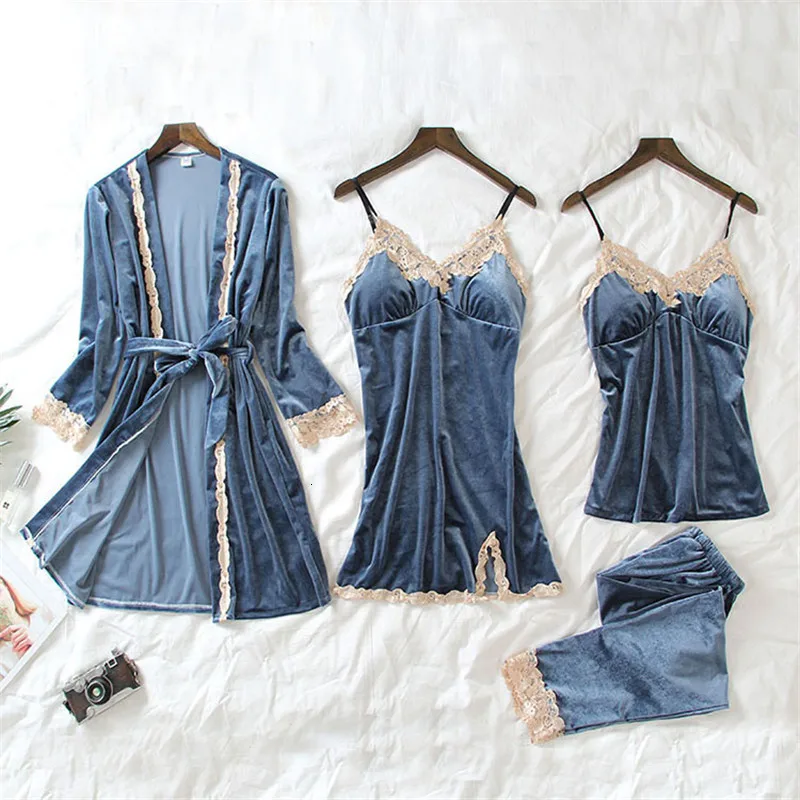 JULY'S SONG 4 Pieces Velvet Warm Pajamas Set Women Sexy Lace Sleepwear Pajamas Suit Winter Sling Nightdress Woman Nightwear