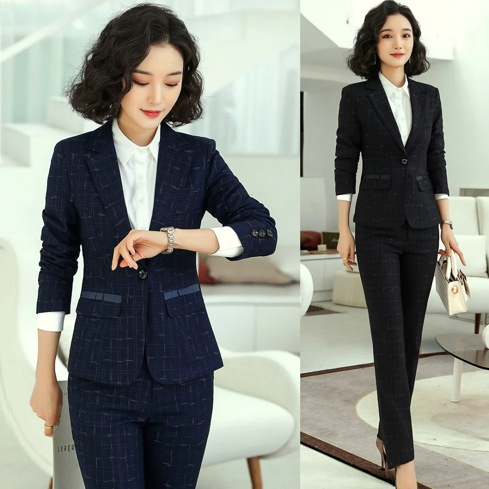 Blazer azul marino para mujer, trajes de negocios, trajes formales de  oficina, ropa de trabajo, conjunto de chaqueta y pantalón|Trajes de  pantalón| - AliExpress