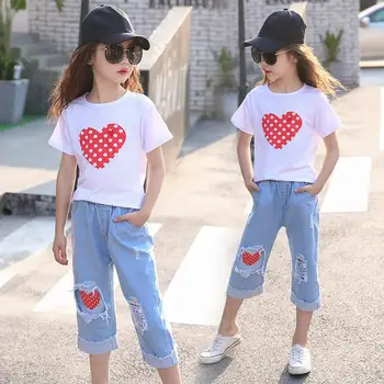 

Girl Clothes Set Summer Clothes for Girl Short Sleeve Print Heart + Ripped Jeans Shorts Children Outfits Size 6 8 10 12 Years