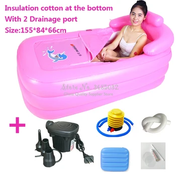 

Cheap Folable Inflatable Bathtub Plastic Folding Tub Adult Bath Tub Bottom Insulation with 2 Drainage Port Pink Blue 155*84*66cm