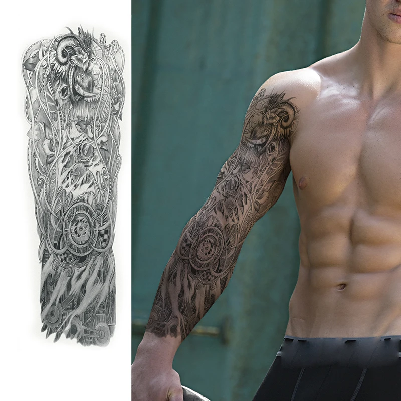 Водостойкая временная татуировка наклейка Дракон башня полная рука черная поддельная Татуировка большого размера флэш-тату рукава татуировки для мужчин и женщин - Цвет: Темно-синий