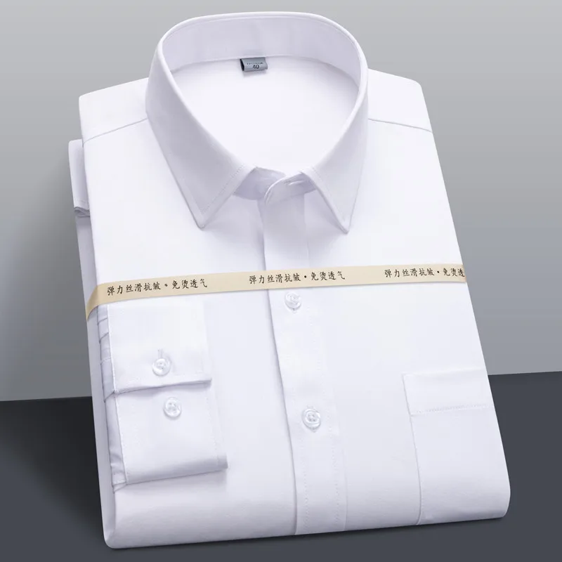 New Fashion Stretch Non-iron Shirt Anti-wrinkle Classic Solid Selfcultivation Business Casual Wear Long Sleeve Shirts for Men