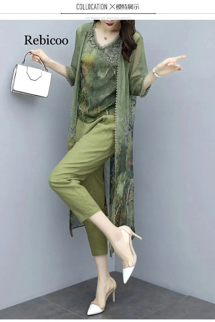 cute two piece sets Summer Green Chiffon Printed 3 Piece Sets Women Plus Size Vest+cardigan+cropped Pants Suits Elegant Korean Womens Sets Femme white co ord set