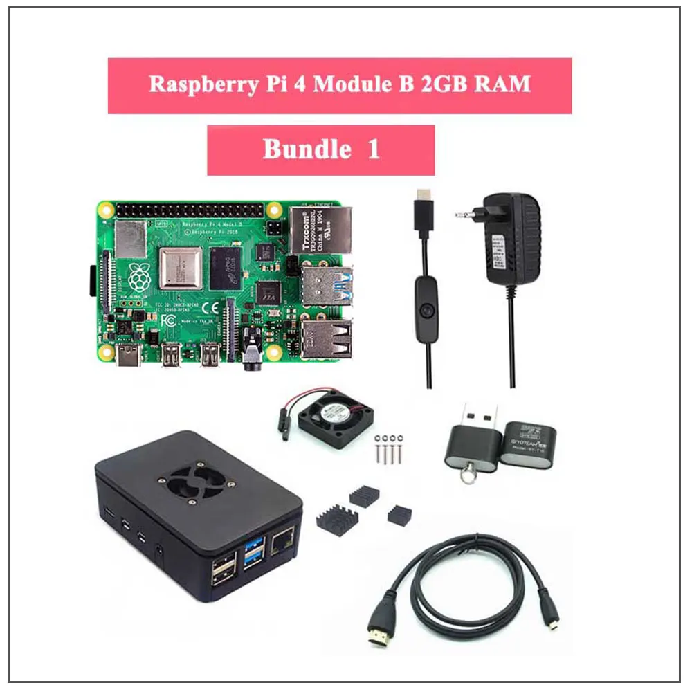 Raspberry Pi 4 Model B 2/4GB RAM + Case + Fan + Heat Sink + Power Adapter + 32/64 GB SD Card +HDMI-compatible Cable for RPI 4B