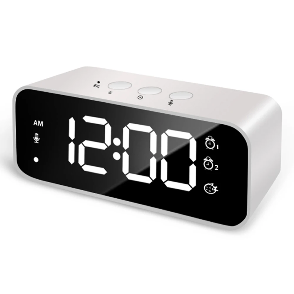 

Rechargeable DIY Sound Recording LED Mirror Music Clock with Dual Alarms and Snooze Bedroom Decor Desk Table Phone Charger Clock