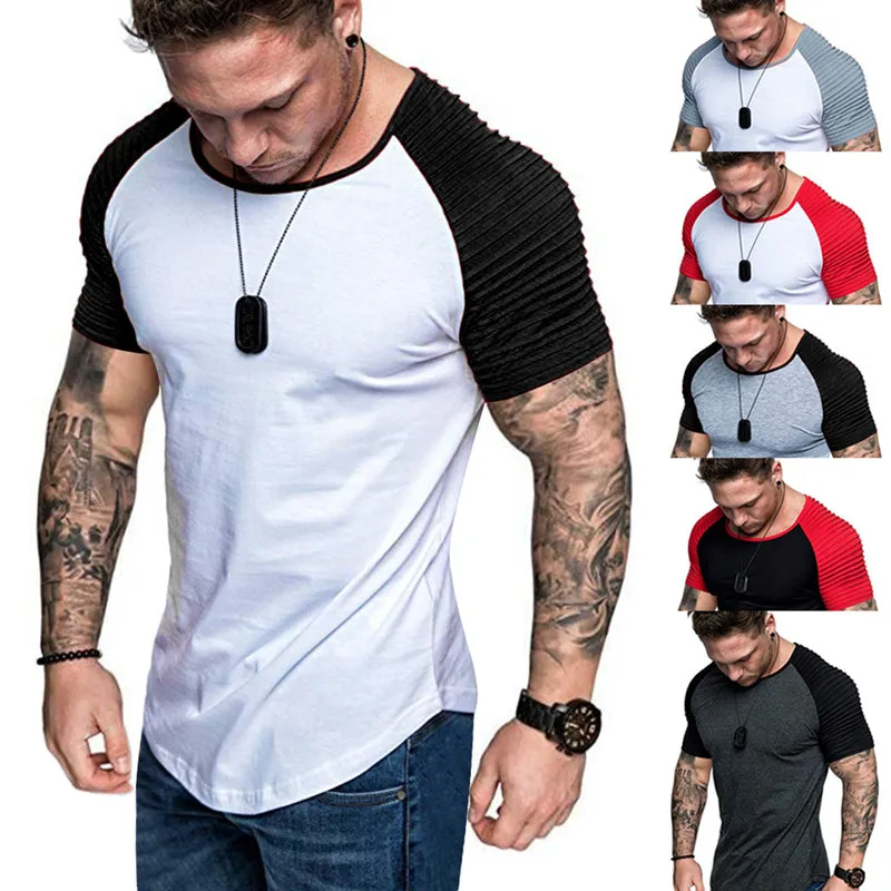 

Fashion Classic Raglan Sleeve Men T shirt Sport Casual Contrast Color Blocks Patchwork Tees Short Sleeve Tshirt Slim Fit Tops