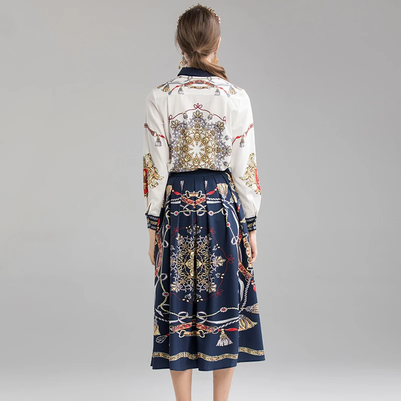 AELESEEN, Ретро стиль, подиум, Disign Twinset, женский роскошный хрустальный воротник, белая блузка+ Королевский принт, до середины икры, Офисная Женская юбка, костюм