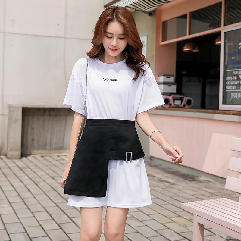 

2019 Summer Wear New Style Korean-style Lettered Tops Loose-Fit Non-symmetrical Girdle Slimming Two Pieces Dress Outfit Women's