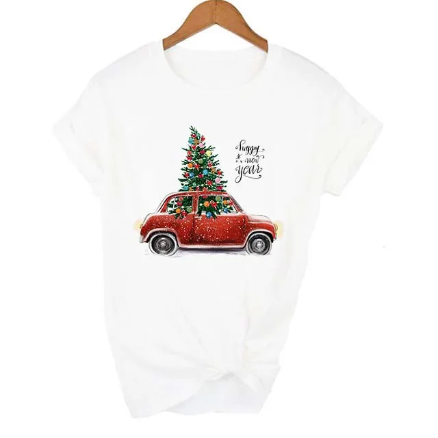 Уличная одежда Харадзюку с рождественским принтом для девочек, белая футболка для женщин с коротким рукавом и круглым вырезом, модный топ с рисунком Tumblr - Цвет: FU54-FSTWH-