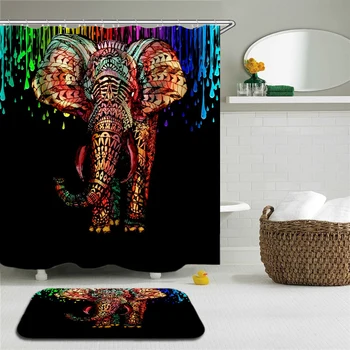 

Indian Colorful Elephant Bath Curtains Set Waterproof Shower Curtain Printed Polyester Bathroom Non-slip Floor Mat Bath Curtain