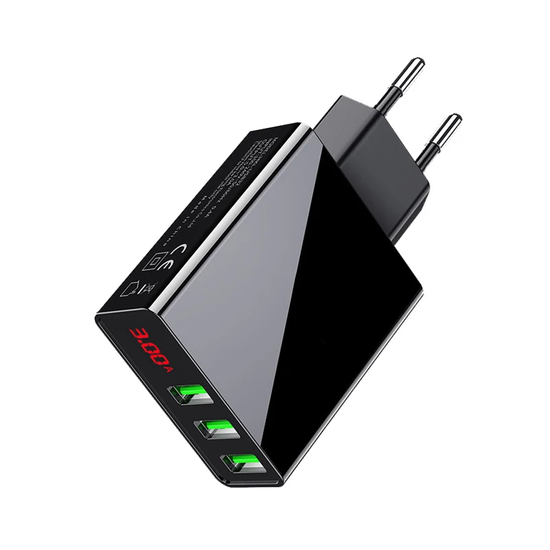 3 Port USB Phone Charger LED Display EU Plug Total Max 3A Smart Fast Charger Mobile Wall Charger for iPhone iPad Samsung