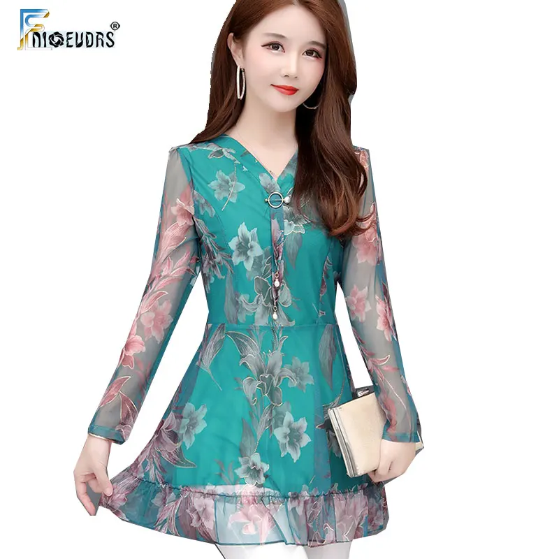  Autumn Winter Basic Shirts Blouses Womens Fashion Long Sleeve V Neck Tops Green Pink Floral Printed
