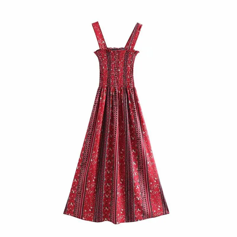 

Western Style Summer New Style Slim Fit Slimming Elegant Versatile Ethnic-Style Contrast Color Printed Camisole Elastic Dress Wo