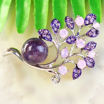 

Carved Tibetan Silver Natural Amethysts Leaf Rhinestone Pendant Brooch 45x30x13mm DYH21
