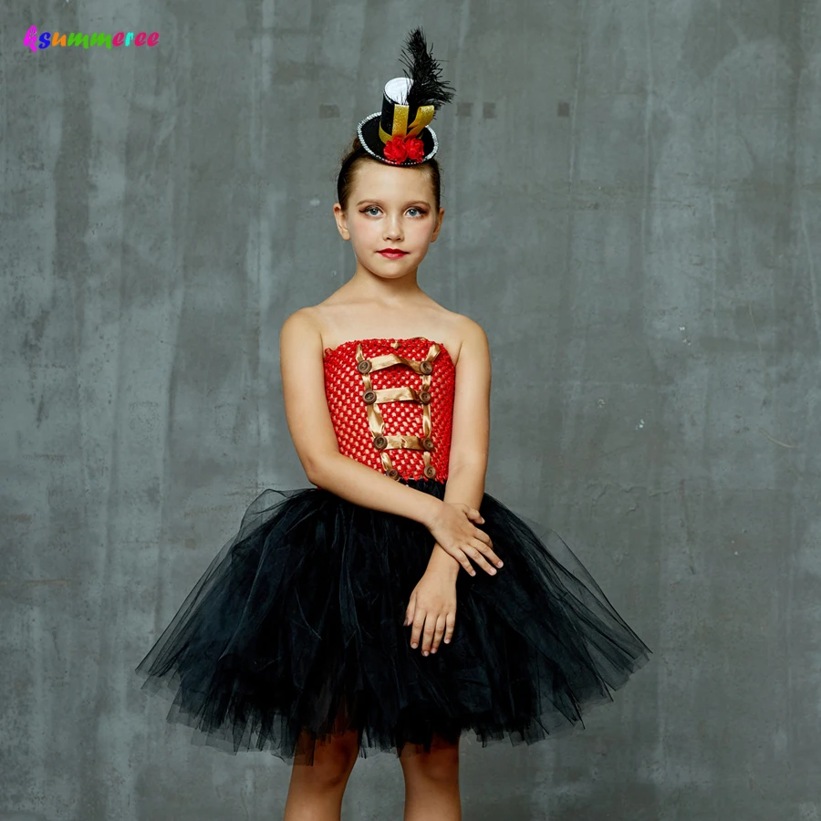 US Circus Ringmaster Costume Kids Girls Halloween Showman Outfit Mesh Tutu Dress 