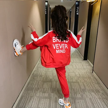 

Children's long-sleeved sportswear girl suit Spring and Autumn stitching zipper clothes + pants 3-13 years old baby clothes