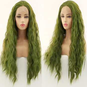 

Green Water Wave Synthetic 13*3 Inch Lace Front Wig Heat Resistant Fiber Hair Natural Hairline Middle Parting For Women Girl Wig