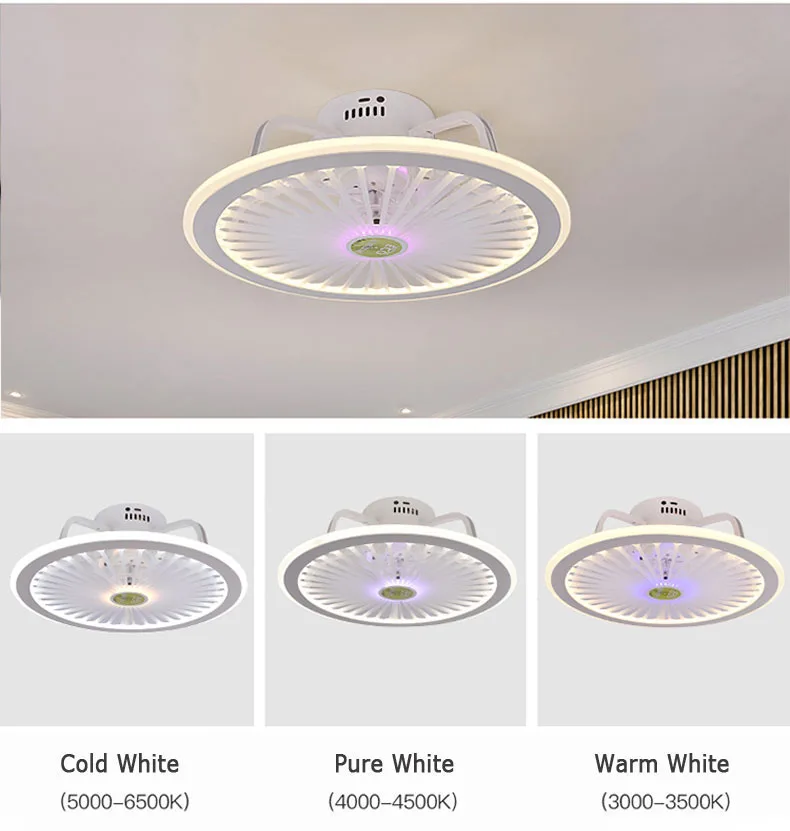Ultrathin Ceiling Fan Lamp Light for Indoor Kitchen Bedroom Remote LED 3 Color Lighting Flush Mount Quiet Electric Fan