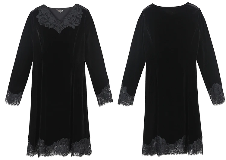 L~ 4XL 5XL сексуальное черное кружевное сшитое бархатное платье размера плюс женское велюровое тонкое платье с длинным рукавом Одежда для вечеринок AOFULI A4083