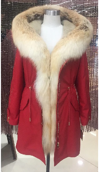 Женская зимняя парка, пальто, куртка, Воротник из лисы и енота, съемная подкладка из меха кролика, Классическая, 93 см длина, качественная ткань 9-19805 - Цвет: red  18 FJD