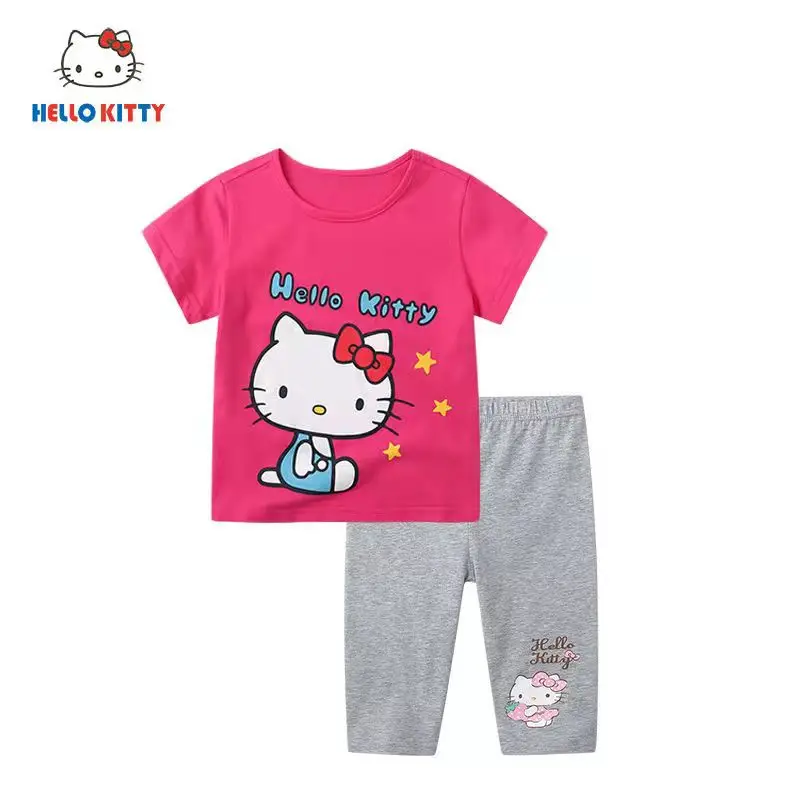 thumbnail image 1 of Hello Kitty-Conjunto de polainas y cuello de muñeca de manga corta para niñas, Top y pantalones cortos de algodón, traje de dos piezas, nuevo producto, 1 of 4