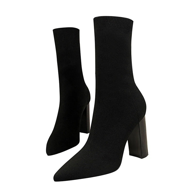 

2019 Women Stretch Sock Boots Block 9.5cm High Heels Fetish Knitting Ankle Boots Stripper Slim Chunky Booties Duck Gothic Shoes