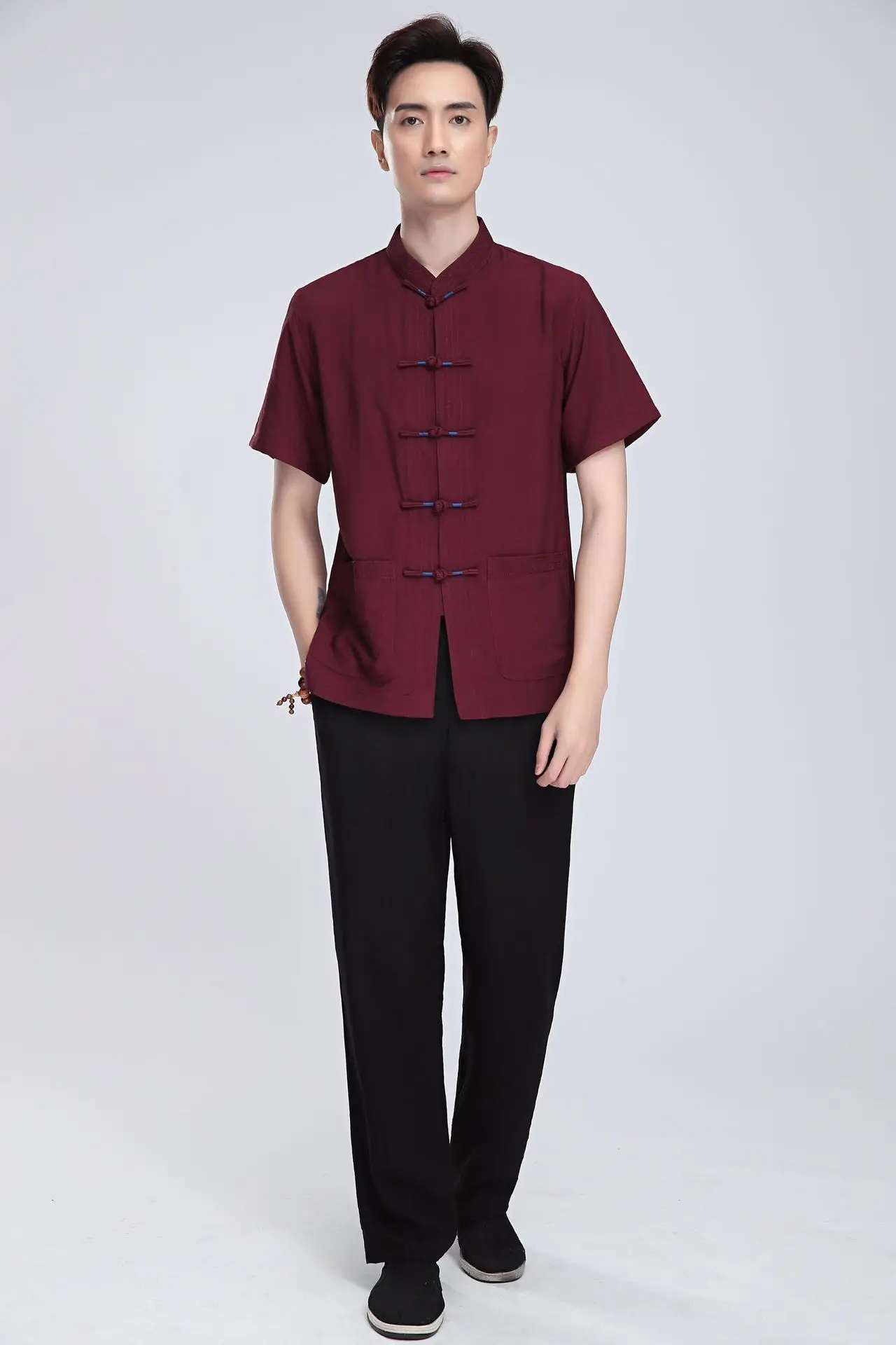 Chinese-style Chinese Style Flax 2816-2 Chinese Costume MEN'S Short Sleeved Tops Middle-aged Short-sleeved Shirt/Set