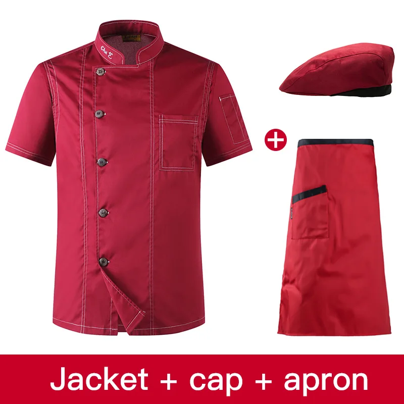 Viaoli Hotel Chef's Uniform Short Sleeve Mesh Breathable Workwear shirt Catering Restaurant Kitchen Bakery wholesale chef jacket - Цвет: jacket hat apron