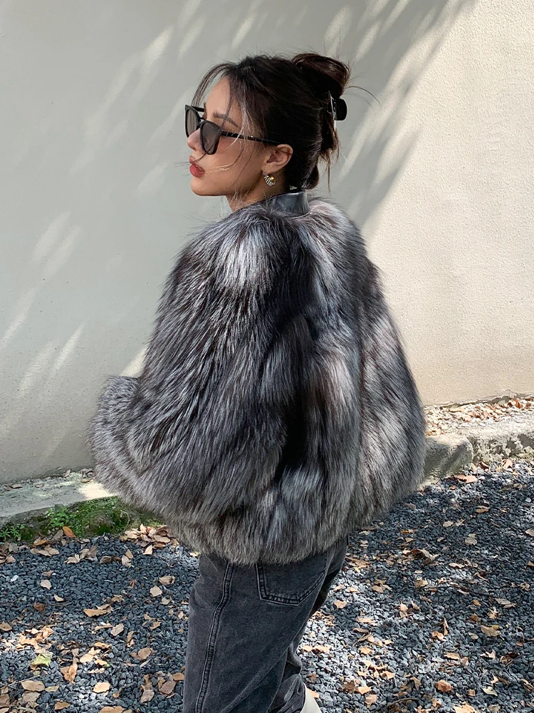 Short Natural Silver Fox Fur Jacket Leather Collar Overcoats Female 2022 New Winter Genuine Full Pelt Silver Fox Fur Coats Women