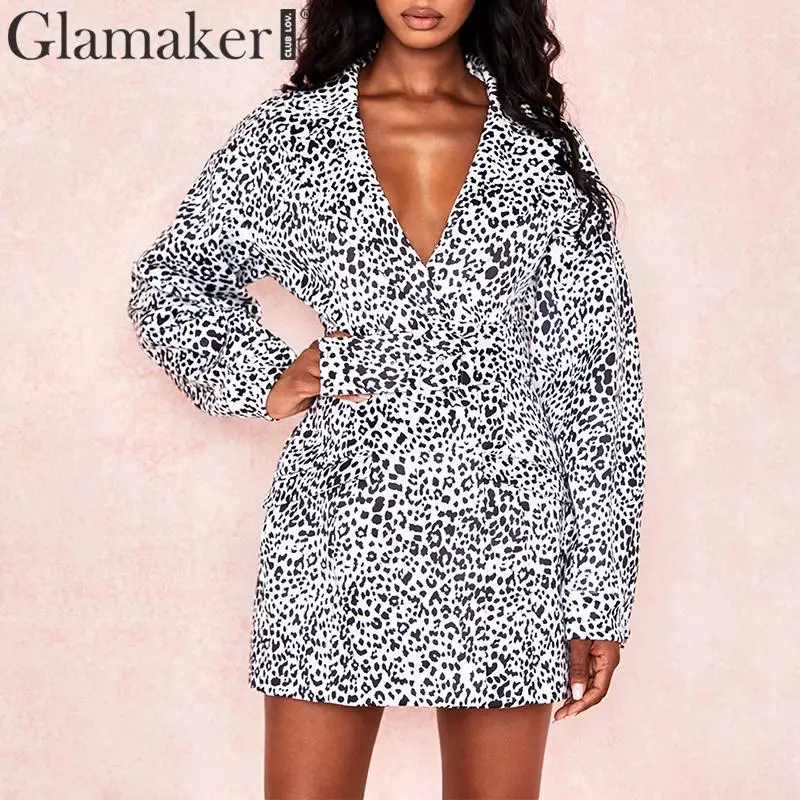 

Glamaker Sexy leopard print blazer dress Women v neck long sleeve winter female Blazer autumn party jacket blazer femme outwear