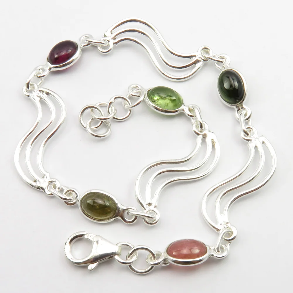 

Solid Silver Tourmaline Link Bracelet 8.3" Gem Stone Jewelry