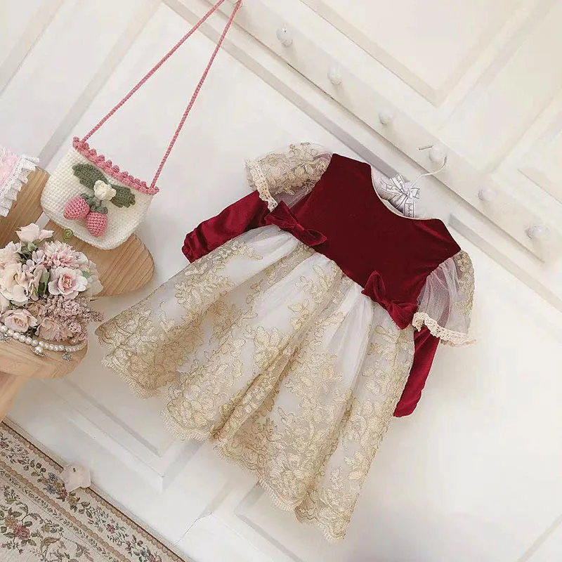 Рождественское кружевное праздничное платье с цветочным рисунком для маленьких девочек; роскошное детское бархатное платье с бантом в испанском стиле; Осенняя Милая одежда
