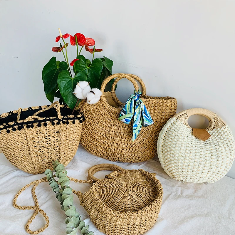  Round Women's Summer Beach Straw Bags Handmade Woven Small Rattan Circle Cross Body Shoulder Bohemi - 4000049320337